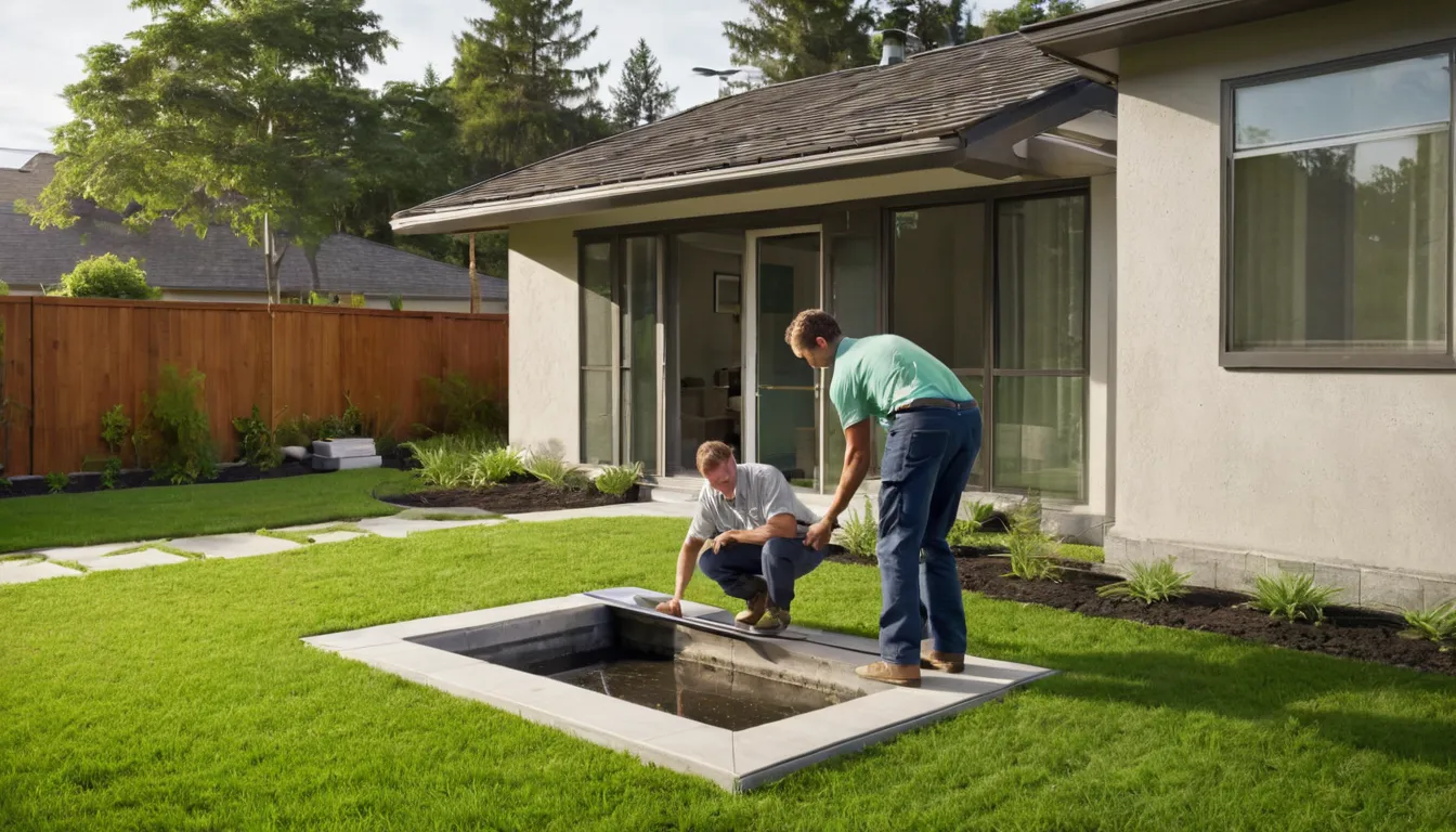 Septic provider inspecting a tank access lid in a residential yard in Clearwater