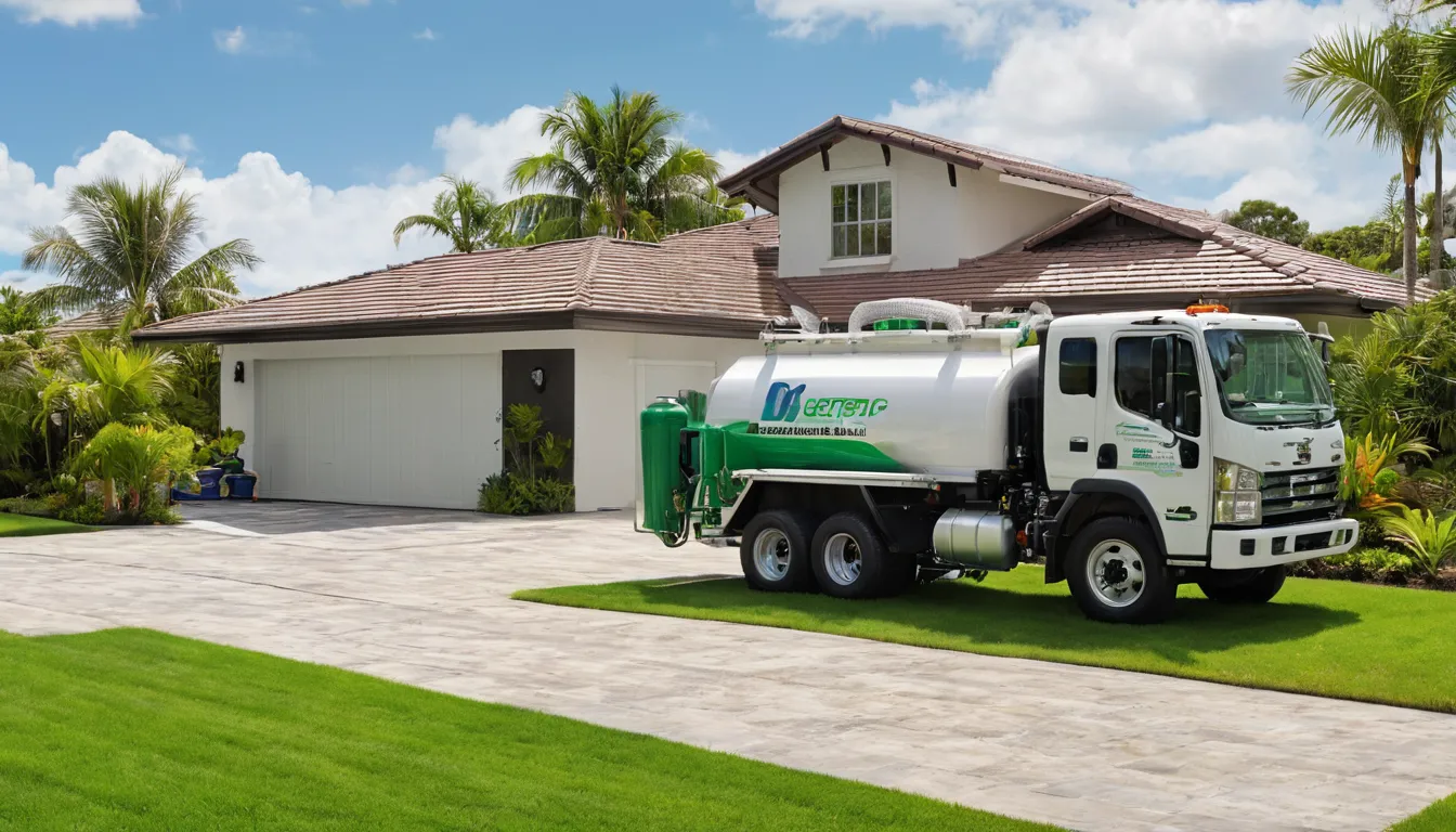 Septic provider pumping a residential tank beside a concrete block home in the Clearwater area